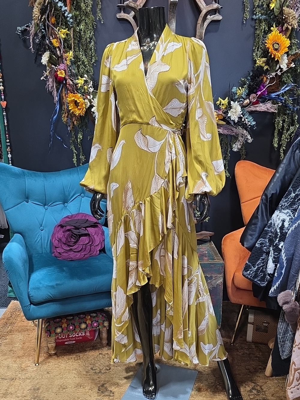 Wrap Maxi Dress in Golden Yellow with Leaf Print